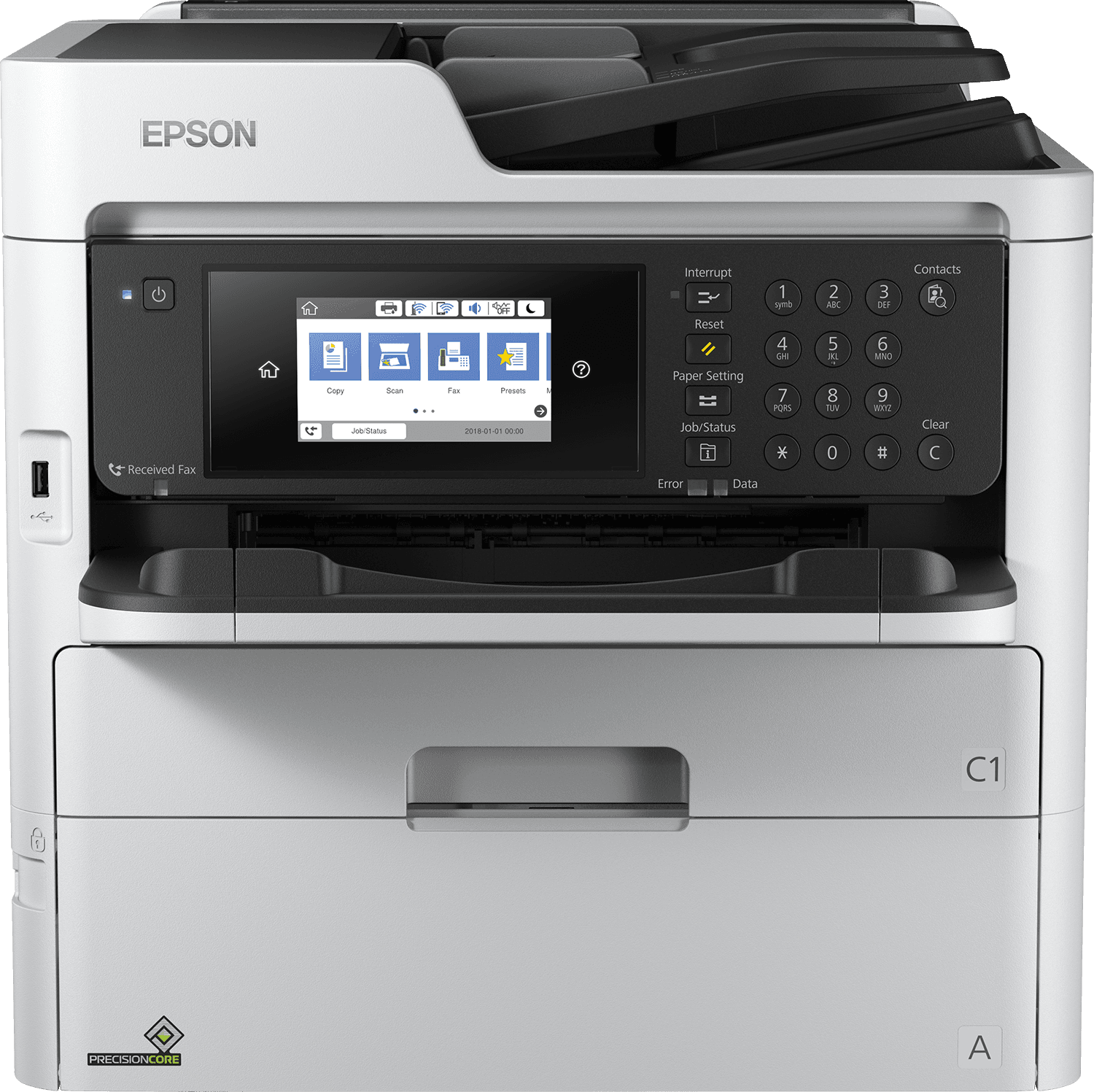 Vista frontale della Epson WorkForce Pro WF-C579R con pannello di controllo touchscreen e tastierino numerico per gestione avanzata delle funzioni. Vista frontale della Epson WorkForce Pro WF-C579R con pannello di controllo touchscreen e tastierino numerico per gestione avanzata delle funzioni.